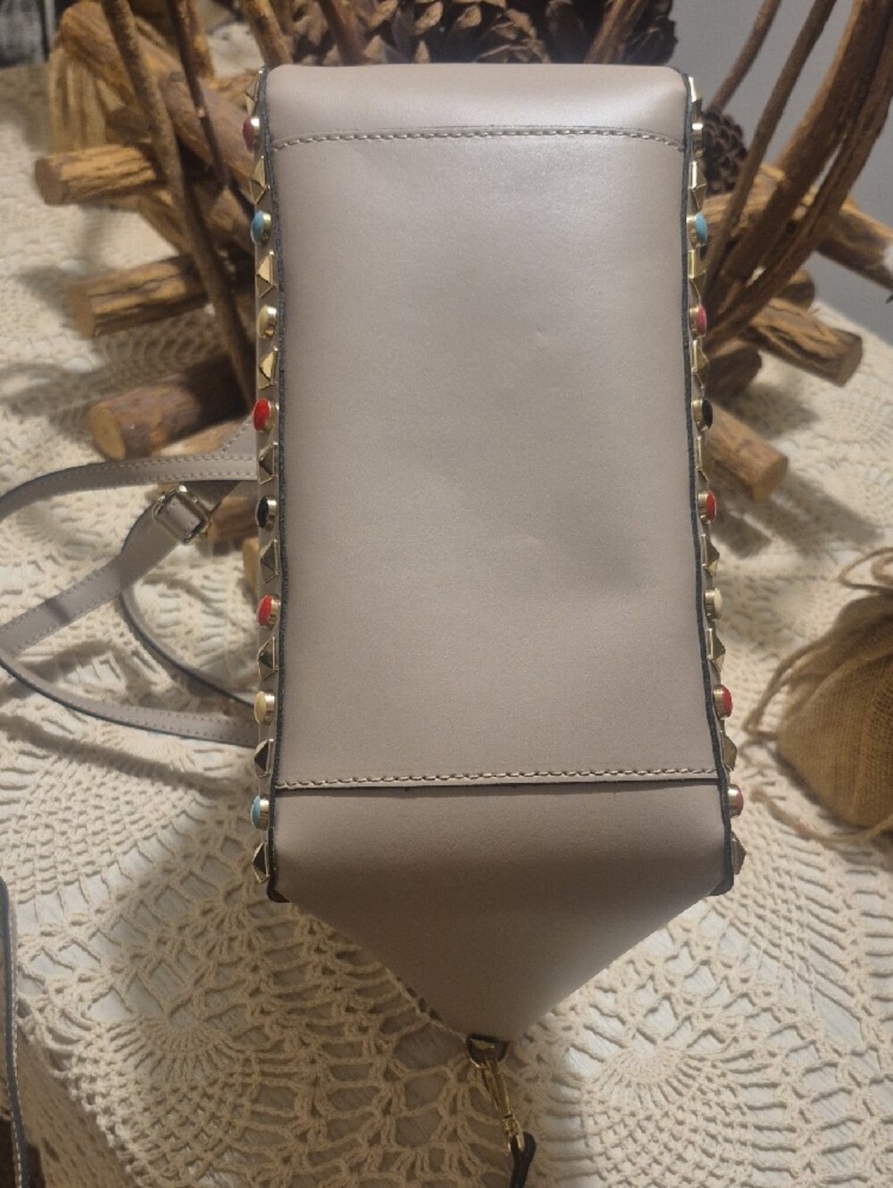 Stud-Trim Taupe Shoulder Tote Bag - Picture 5 of 7